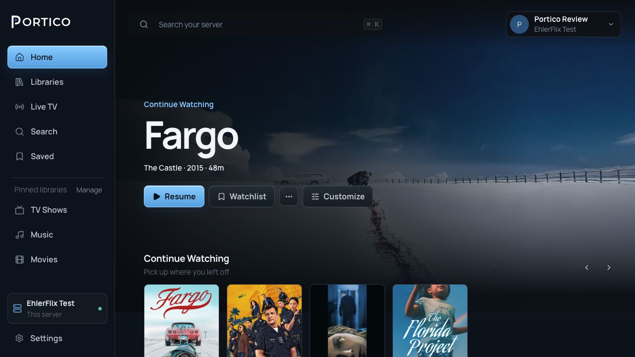 Portico home screen showing a personal media library